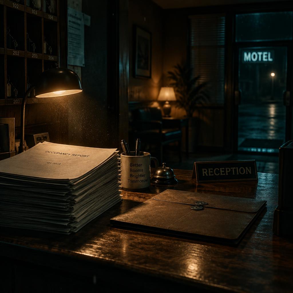 Pilha de relatórios de fechamento não lidos na recepção do motel